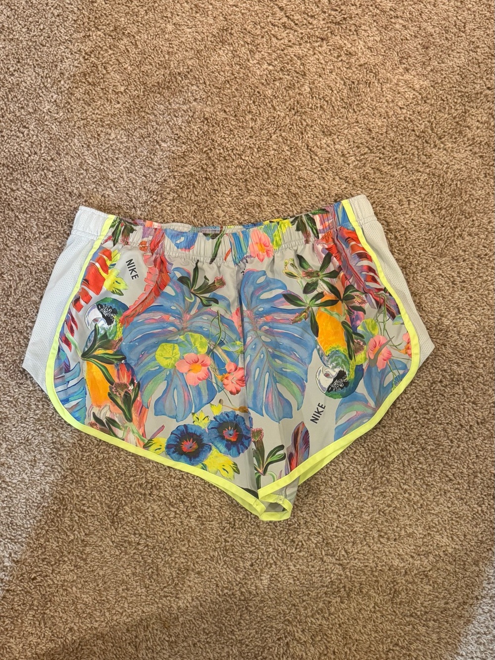 Nike Women’s Tropical Floral Athletic Shorts in White with Neon Yellow Trim